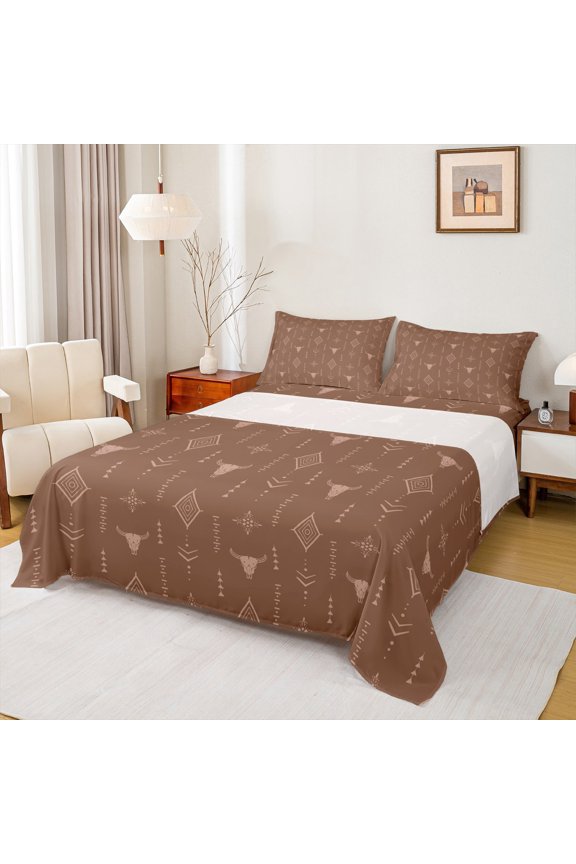 Vintage Aztec Adult Bed Sheets, Gothic Sheep Skeleton King Sheets, Southwestern Theme Sheet Set, Luxury Bedroom Decor, 4pcs