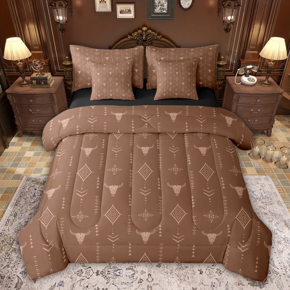 Feelyou Vintage Aztec Adult Bedding Comforter Set 7 Pieces, Gothic Sheep Skeleton Full Bedding Set, Southwestern Theme Reversible Fitted Sheet Flat Sheet, Luxury Bedroom Decor