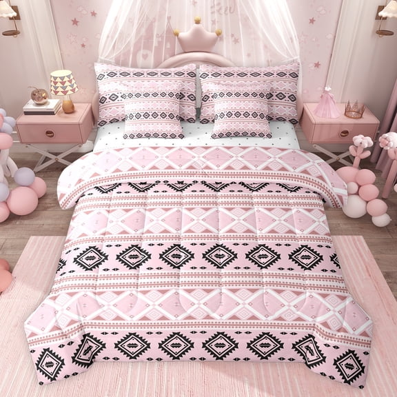 Feelyou Vintage Aztec Adult Bedding Comforter Set 7pcs, Fashion Pink Triangle King Bedding Sets, Mandala Southwestern Theme Reversible Bed Sheets, Microfiber Bedroom Decor
