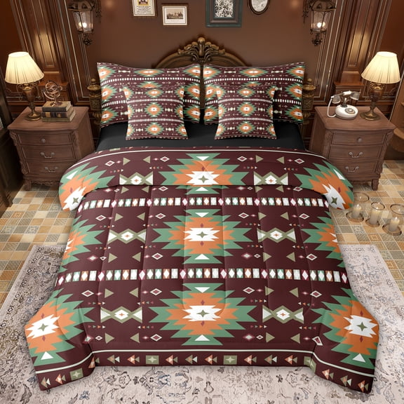 Feelyou Vintage Aztec Adult Bedding Comforter Set 7pcs, Maroon Green Triangle Queen Bedding Sets, Southwestern Theme Reversible Queen Sheet Sets, Lightweight Room Decor