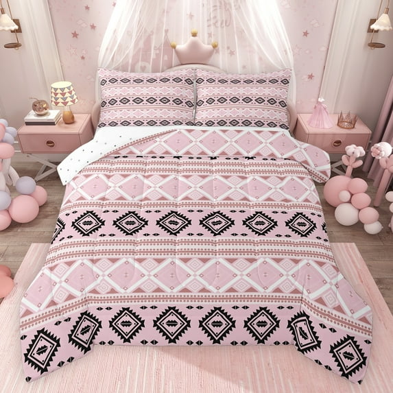 Feelyou Vintage Aztec Adult Full Size Comforter Sets, Fashion Pink Triangle Bedding Comforter Set, Mandala Southwestern Theme Reversible Bedding Sets, Microfiber Bedroom Decor, 3pcs