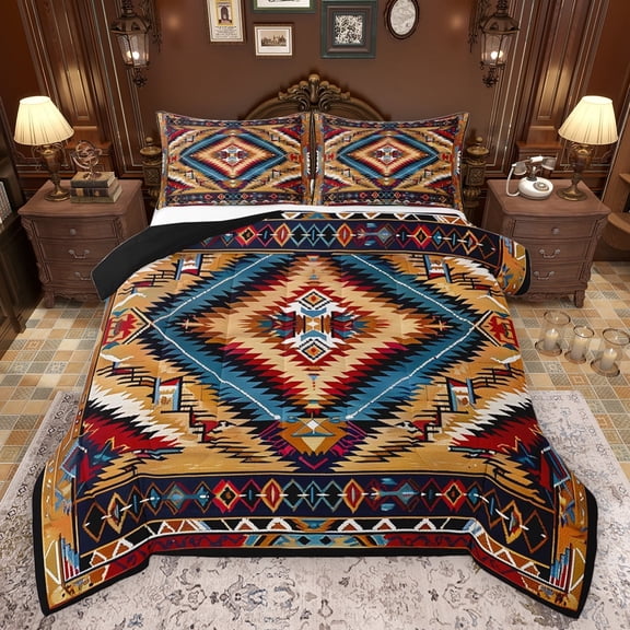Feelyou Vintage Aztec Adult Queen Comforter Set, Tribal Western Abstract Bedding Sets, Mid Century Theme Reversible Bedding Comforter Set, Breathable Home Decor, 3 Pieces