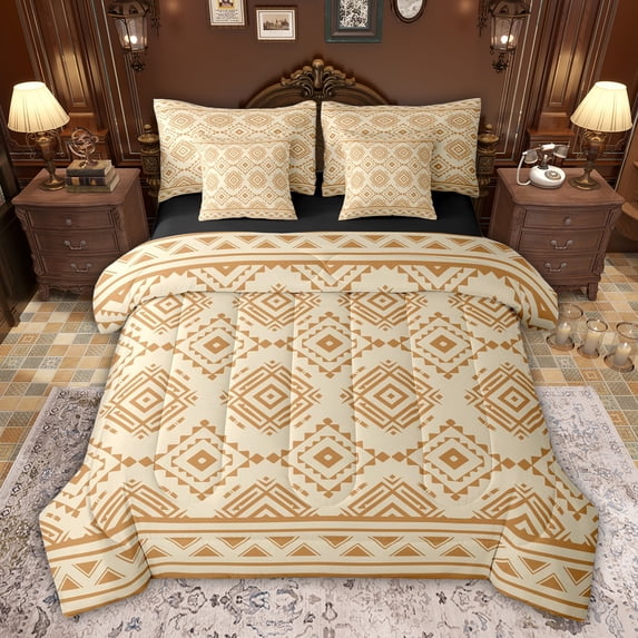 Feelyou Vintage Aztec Adult Twin Bedding Sets 7-Piece, Wheat Mandala Triangle Bedding Comforter Set, Southwestern Theme Reversible Sheet Sets, Lightweight Room Decor