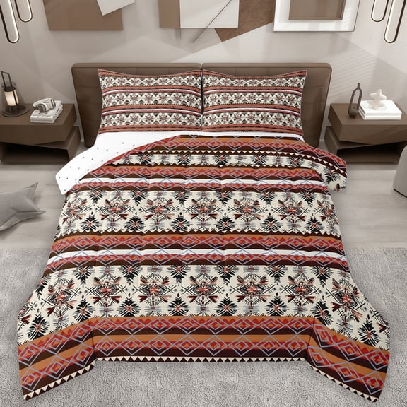 Feelyou Vintage Aztec Triangle Bedding Comforter Set for Women, Brown Abstract Ombre Twin Comforter Sets, Western Bohemian Style Reversible Bedding Set, Breathable Home Decor, 2pcs