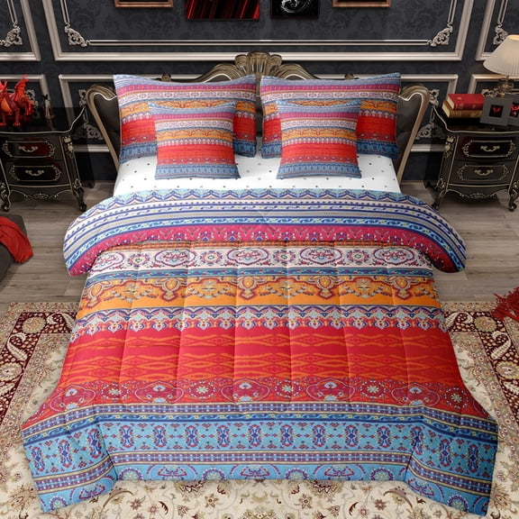Feelyou Vintage Aztec Triangle Twin Bedding Sets 7-Piece for Women, Red Blue Abstract Bedding Comforter Set, Western Bohemian Style Reversible Sheet Sets, Luxury Bedroom Decor