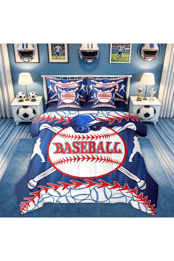 Vintage Baseball Sport Twin Bedding for Boys, Cartoon Ball Bat Bedding Comforter Set, Blue Red, Blue Reversible, 7-Piece