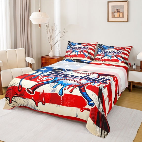 Feelyou Vintage Baseball Twin Sheet Sets, Cartoon US Flag Bedding, 3 Pieces