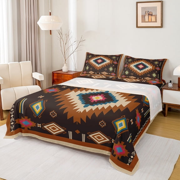 Feelyou Vintage Bohemian Aztec Bed Sheets, Black Brown Tribal Square King Sheets, Hippie Mandala Fashion Sheet Set, Breathable Home Decor, 4-Piece