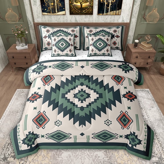 Feelyou Vintage Bohemian Aztec Bedding Comforter Set 7 Pieces, Beige Green Tribal Square Full Bedding Set, Hippie Mandala Fashion Reversible Fitted Sheet Flat Sheet, Luxury Bedroom Decor