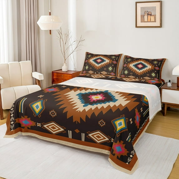 Feelyou Vintage Bohemian Aztec Twin Sheet Sets, Black Brown Tribal Square Twin Fitted Sheet, Hippie Mandala Fashion Flat Sheet, Breathable Home Decor, 3-Piece