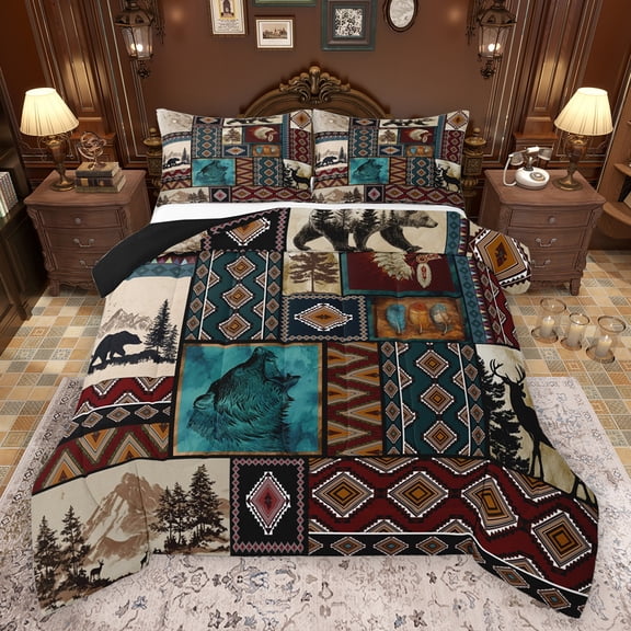 Feelyou Vintage Boho Aztec Bedding Comforter Set for Men, Hippie Rustic Bear Twin Comforter Sets, Southwestern Theme Reversible Bedding Set, Super Cozy Room Decor, 2pcs