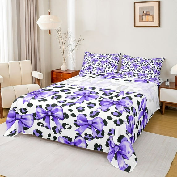 Feelyou Vintage Bowknot Bow Bed Sheets, Fashion Leopard Print King Sheets, 4 Pieces