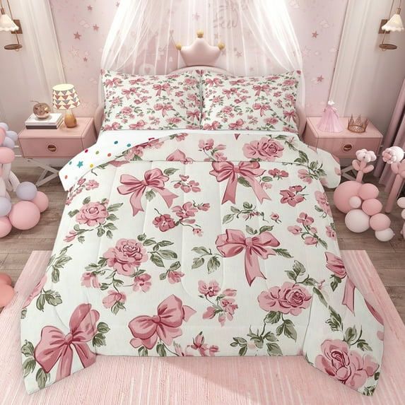 Feelyou Vintage Bowknot Child Bedding Comforter Set, Pink Flower Floral Twin Comforter Sets, Fashion French Style Reversible Bedding Set, Ultra Soft Bedroom Decor, 2pcs