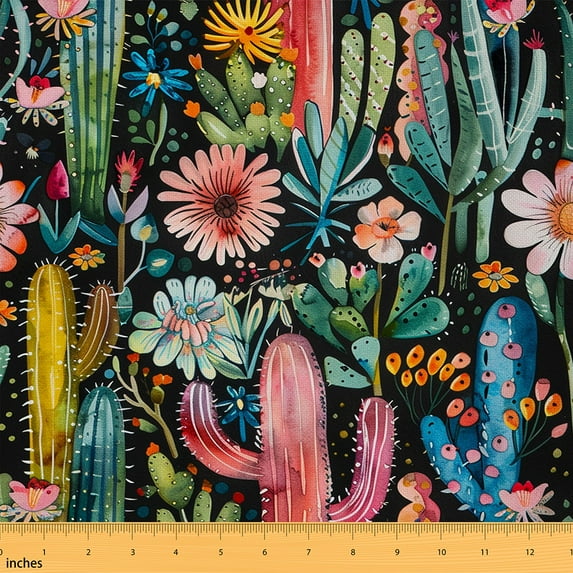 Feelyou Vintage Cactus Kids Fabric by the Yard 1 Yard, Bohemian Rustic Flower Sewing Fabric, Western Plant Home Decor Fabric by the Yard, Microfiber Bedroom Decor