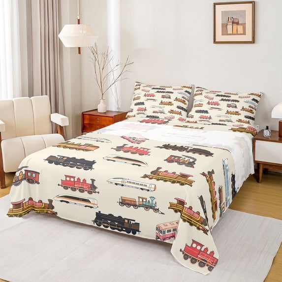 Feelyou Vintage Cartoon Train Bed Sheets, Steam Engine Vehicle King Sheets, Teens Kids Boys Girls Sheet Set, Microfiber Bedroom Decor, 4-Piece