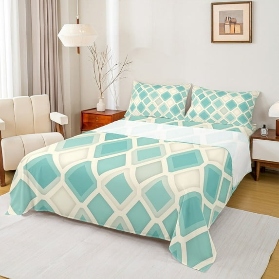 Feelyou Vintage Checkered Bed Sheets, Fashion Geometric King Sheets, Chic Teal Plaid Sheet Set, Luxury Bedroom Decor,4-Piece