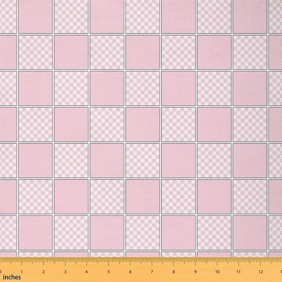 Feelyou Vintage Checkered Fabric by the Yard 2 Yards, Square Geometric Home Decor Fabric by the Yard, Kawaii Pink Plaid Sewing Fabric, Ultra Soft Home Decor