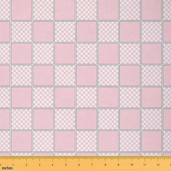 Feelyou Vintage Checkered Fabric by the Yard 3 Yards, Square Geometric Room Decor Fabric by the Yard, Kawaii Pink Plaid Fabric for Sewing, Ultra Soft Home Decor