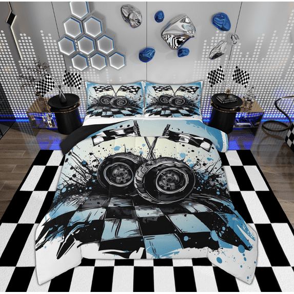 Feelyou Vintage Checkered Flag Bedding Comforter Set, Modern Sports Car Twin Comforter Sets, Teen Boy Girl Kid Reversible Bedding Set, Lightweight Room Decor, 2 Pieces