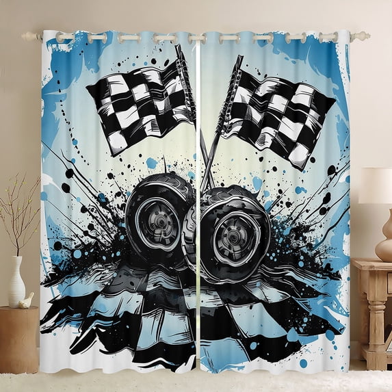 Feelyou Vintage Checkered Flag Blackout Curtains Set of 2 (52x84 Each), Modern Sports Car Window Curtains, Teen Boy Girl Kid Curtains and Drapes, Blackout Curtains Room Decor