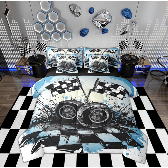 Feelyou Vintage Checkered Flag Twin Bedding Sets 7-Piece, Modern Sports Car Bedding Comforter Set, Teen Boy Girl Kid Reversible Sheet Sets, Lightweight Room Decor