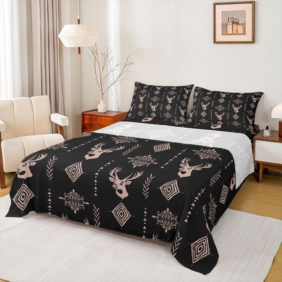Feelyou Vintage Damask Aztec Queen Sheet Sets, Rustic Farmhouse Sheep Bed Set, 4pcs