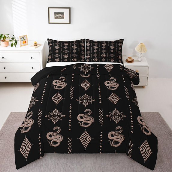 Feelyou Vintage Damask Aztec Twin Comforter Sets, Black Gold Boho Snake Bedding Set, 2pcs