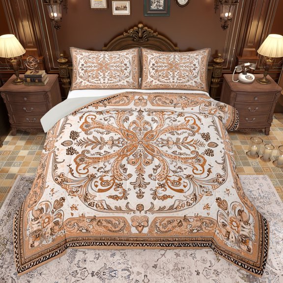 Feelyou Vintage Damask Flower Queen Comforter Set, Wheat Tribal Bohemian Bedding Sets, Mandala Paisley Style Reversible Bedding Comforter Set, Breathable Home Decor, 3-Piece