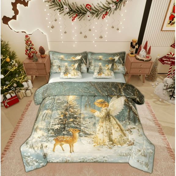 Feelyou Vintage Fairy Elf Twin Bedding Sets 7-Piece for Kids, Christmas Reindeer Bedding Comforter Set, Princess Reversible Sheet Sets, , Lightweight Room Decor