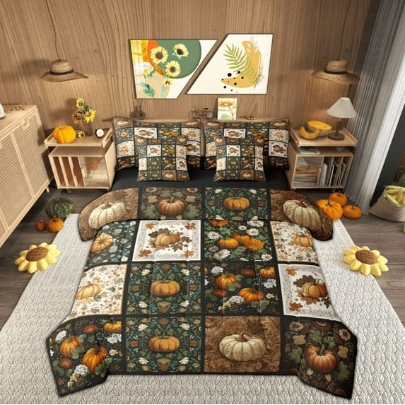 Feelyou Vintage Fall Pumpkin Bedding Comforter Set 7pcs for Kid, Boho Flower Floral Queen Bedding Sets, Farmhouse Patchwork Reversible Queen Sheet Sets, Ultra Soft Home Decor