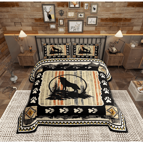 Feelyou Vintage Farmhouse Bedding Comforter Set, Jungle Wolf Animal Twin Comforter Sets, Western Aztec Countryside Bedding Set, Microfiber Bedroom Decor, 2pcs