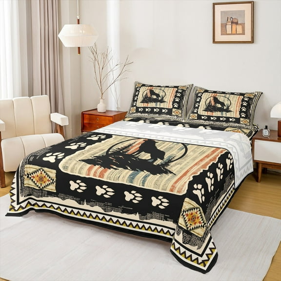 Feelyou Vintage Farmhouse Twin Sheet Sets, Jungle Wolf Animal Twin Fitted Sheet, Western Aztec Countryside Flat Sheet, Microfiber Bedroom Decor, 3pcs