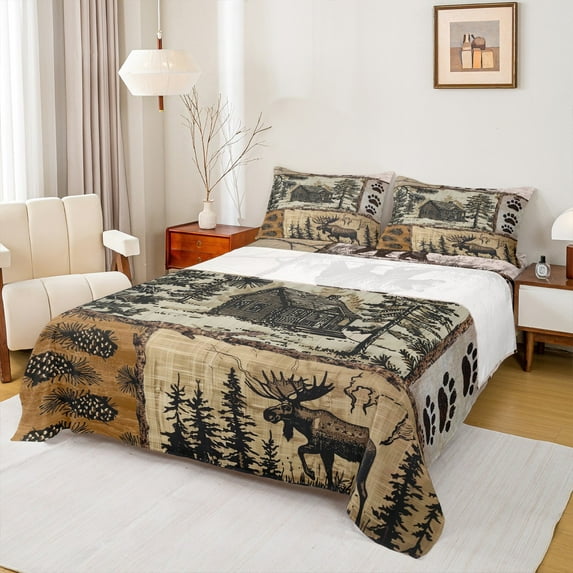 Feelyou Vintage Farmhouse Twin Sheet Sets, Reindeer Bear Print Twin Fitted Sheet, Country Lodge Cabin Plaid Flat Sheet