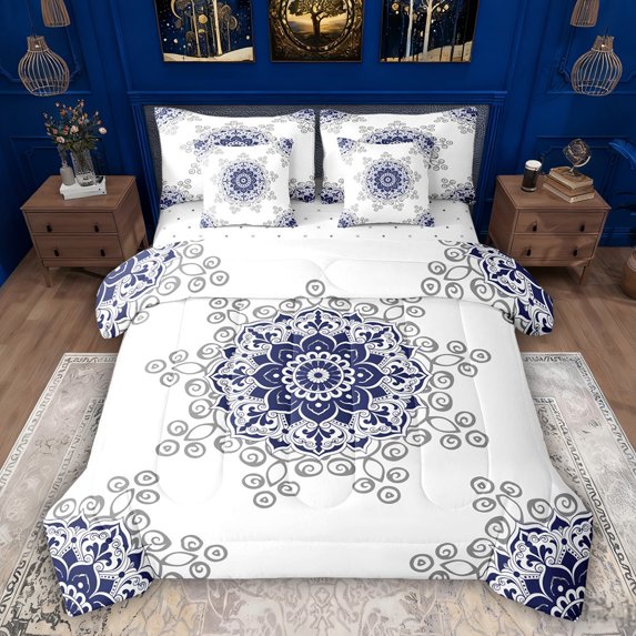 Feelyou Vintage Fashion Damask Bedding Comforter Set 7pcs, Mandala Boho Queen Bedding Sets
