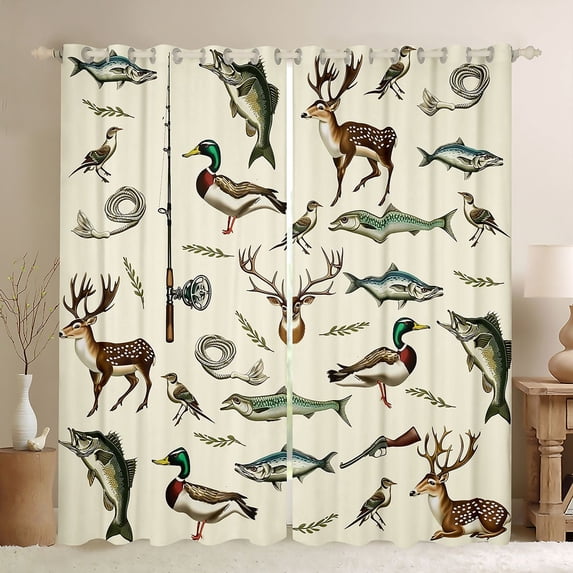 Feelyou Vintage Fishing Wildlife Curtains Pack of 2 (42x84 Each) for Men Women, Deer Duck Bass Lake Forest Curtains Blackout, Beige Brown