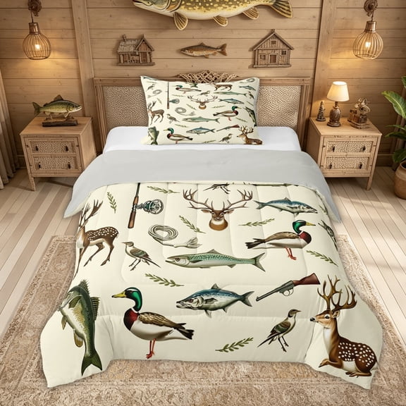 Feelyou Vintage Fishing Wildlife Twin Comforter Sets for Men Women, Deer Duck Bass Lake Forest Bedding Set, Beige Brown, Grey Reversible, 2 Pieces