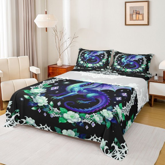 Feelyou Vintage Floral Dragon Full Size Sheets for Men Women Kids, Crystal Rose Animal Bed Sheets, Black Green, 4-Piece