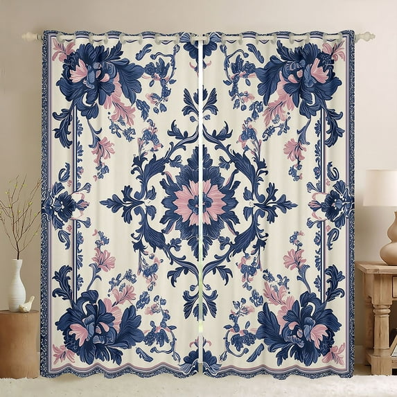 Feelyou Vintage Hippie Damask Black Out Curtains, Boho Blue Flower Floral Curtains Pack of 2 (42x63 Each), Southwestern Style Bedroom Curtains, Curtains and Drapes Decor