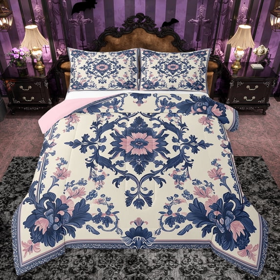 Feelyou Vintage Hippie Damask Queen Comforter Set, Boho Blue Flower Floral Bedding Sets, Southwestern Style Reversible Bedding Comforter Set, Ultra Soft Bedroom Decor, 3 Pieces