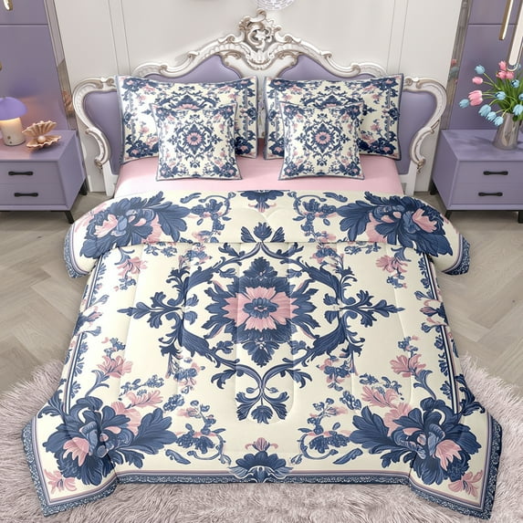 Feelyou Vintage Hippie Damask Twin Bedding Sets 7-Piece, Boho Blue Flower Floral Bedding Comforter Set, Southwestern Style Reversible Sheet Sets, Ultra Soft Bedroom Decor