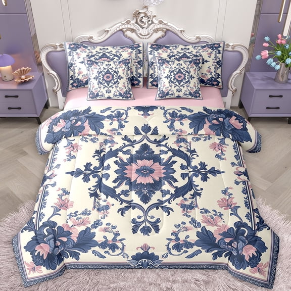 Feelyou Vintage Hippie Damask Twin Bedding Sets 7-Piece, Boho Blue Flower Floral Bedding Comforter Set, Southwestern Style Reversible Sheet Sets, Ultra Soft Bedroom Decor