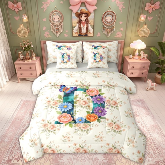 Feelyou Vintage Initial D Queen Bedding for Women Girls, Western Flower Butterfly Print Bedding Comforter Set Queen, Grey Reversible, 7pcs