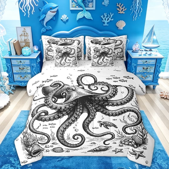 Feelyou Vintage Ink Sea Octopus Bedding Comforter Set for Men Boys, Black White Animal Queen Bedding Sets, Reversible, 7 Pieces