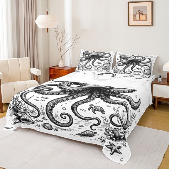 Feelyou Vintage Ink Sea Octopus Full Size Sheets for Men Boys, Black White Animal Bed Sheets, 4 Pieces
