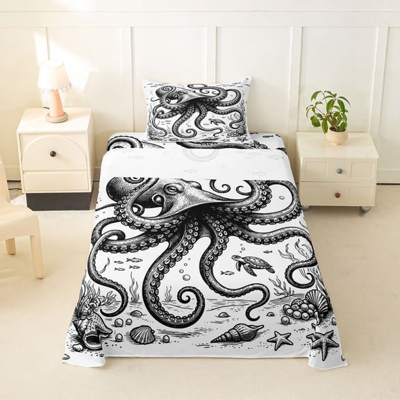 Feelyou Vintage Ink Sea Octopus Twin Sheet Sets for Men Boys, Black White Animal Bedding, 3 Pieces
