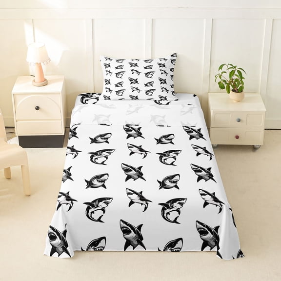 Feelyou Vintage Ink Shark Twin Sheet Sets for Men Women Kids, Retro Gothic Ocean Wildlife Bedding, Black White, 3pcs