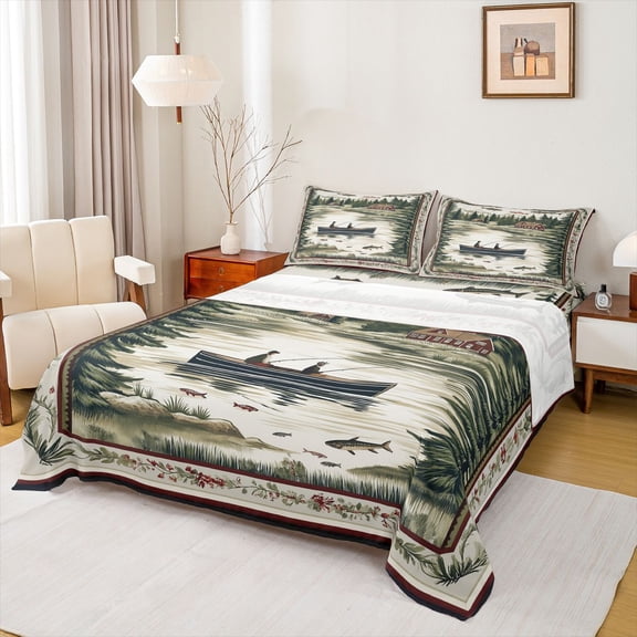 Feelyou Vintage Lake Cabin Boat Landscape Queen Sheet Sets for Men Women, Pine Forest Wildlife Bed Set, Green Brown, 4pcs