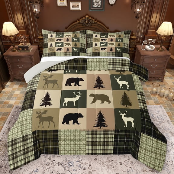 Feelyou Vintage Lodge Cabin Queen Comforter Set, Jungle Bear Deer Animal Bedding Sets, Western Countryside Reversible Bedding Comforter Set, Green Breathable Home Decor, 3 Pieces