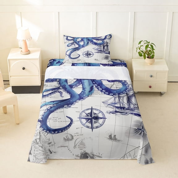 Feelyou Vintage Marine Octopus Twin Sheet Sets for Boys Girls, Nautical Map Compass Ship Bedding, Navy Blue, 3pcs