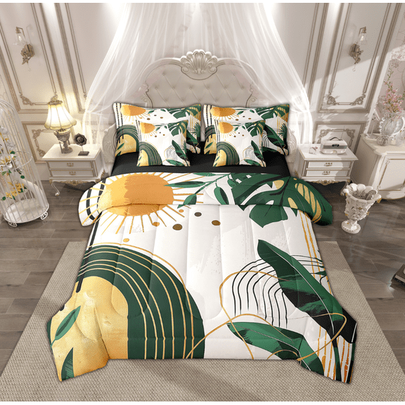 Feelyou Vintage Minimalism Bedding Comforter Set 7pcs for Adult, Mid Century Fashion Queen Bedding Sets, Sun Leaf Plant Reversible Queen Sheet Sets, Ultra Soft Home Decor